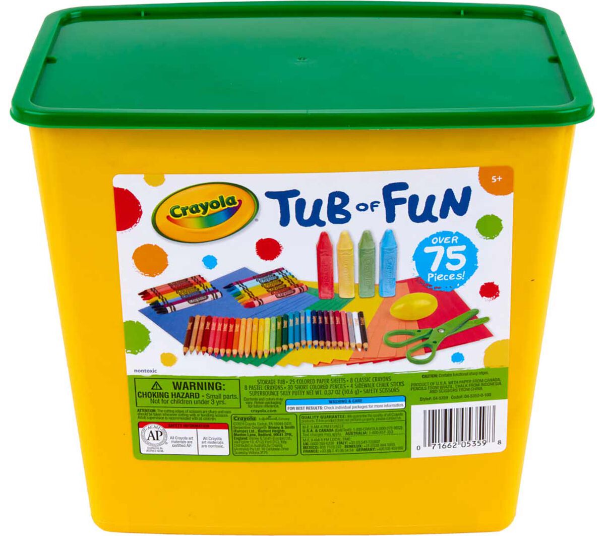 Tub of fun art supplies over 75 pieces. Front view of packaging.
