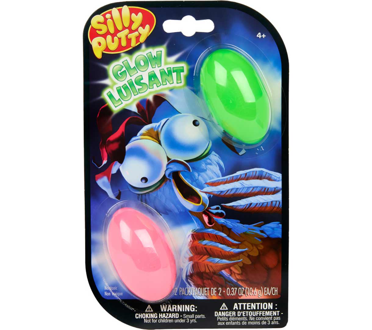 Silly Putty Glow Eggs, 2 Count, front view pink and green.