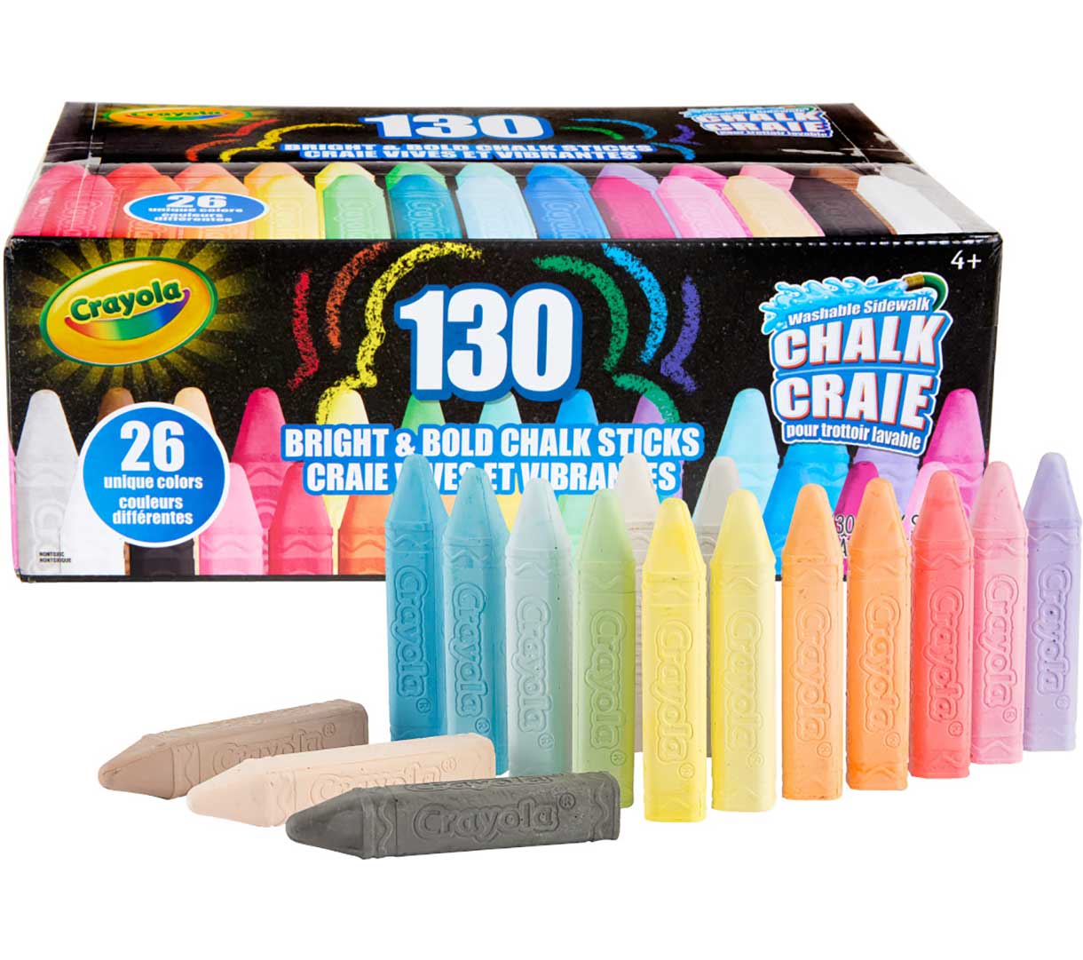 Washable Sidewalk Chalk  130 count packaging and color assortment in box.