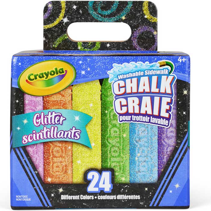 Washable Sidewalk Chalk, Glitter, 24 Count. Front view.