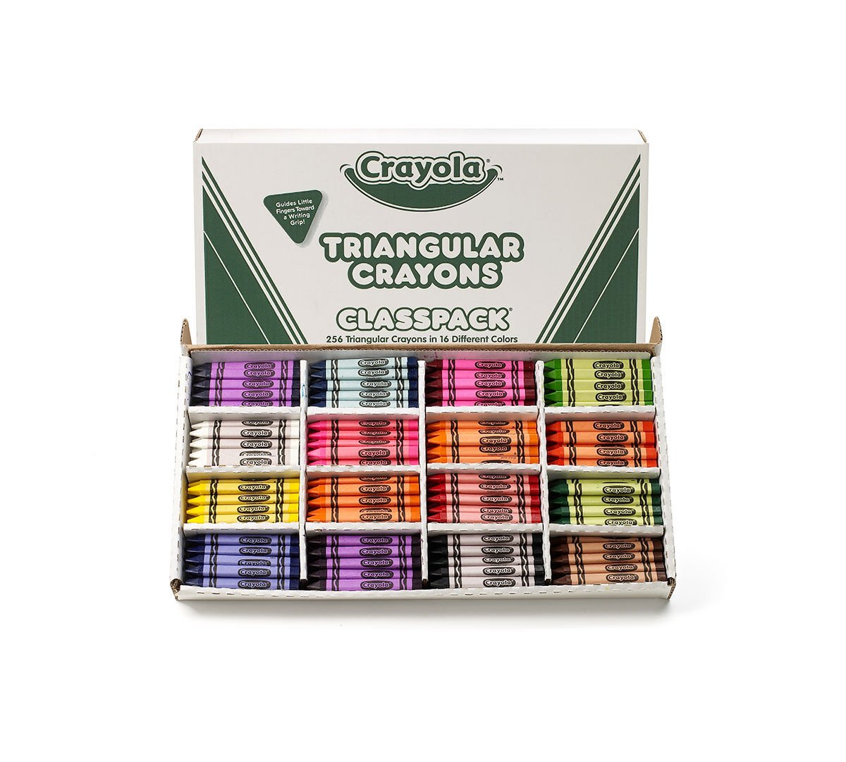 Triangular Crayons Classpack, 256 Count, 16 Colors. Front of packaging and contents.