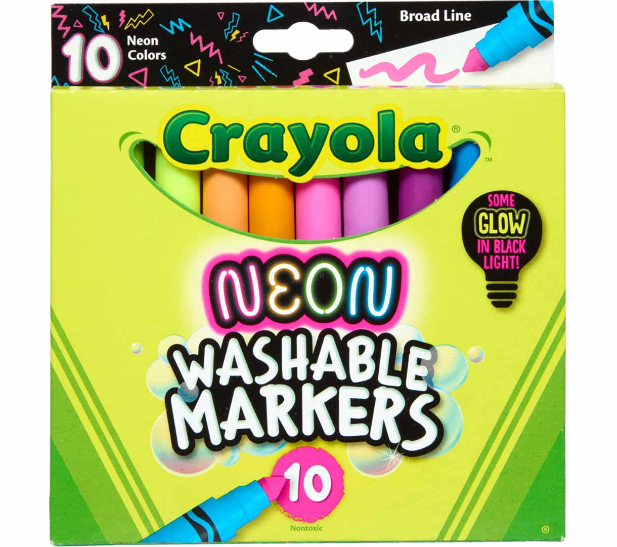Neon Washable Markers, Broad Line, 10 Count, front view.