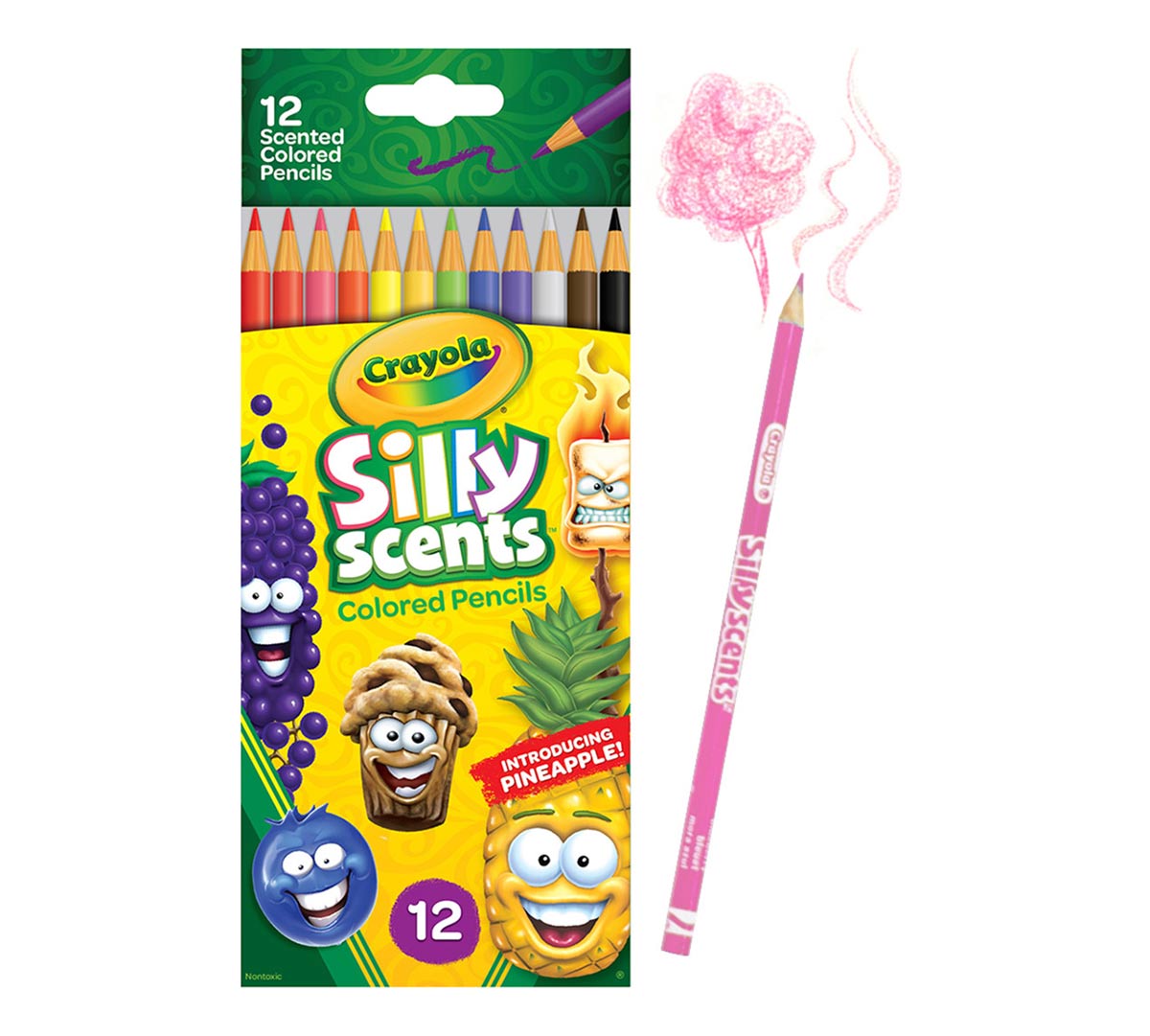 Silly Scents colored pencils sweet scents, 12 count. front view with one pencil.
