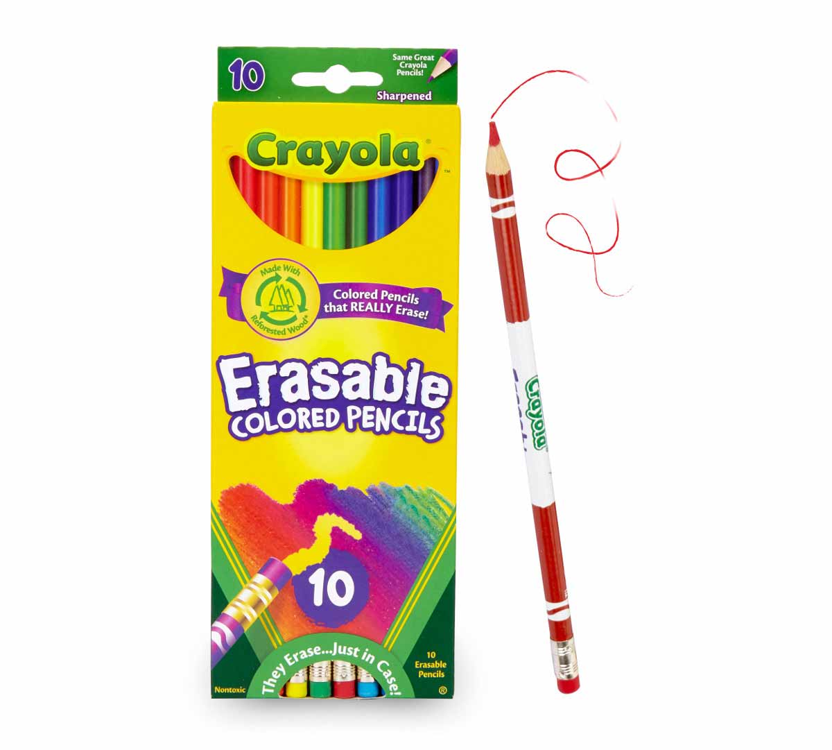 Erasable colored pencils  10 count.  Front view with individual pencil.
