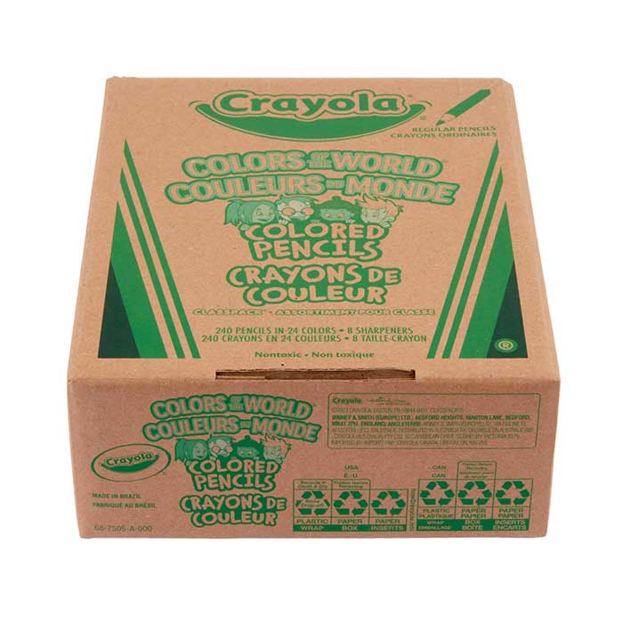 Colors of the World Classpack, Skin Tone Colored Pencils, 240 Count, 24 Colors. Side view of packaging.