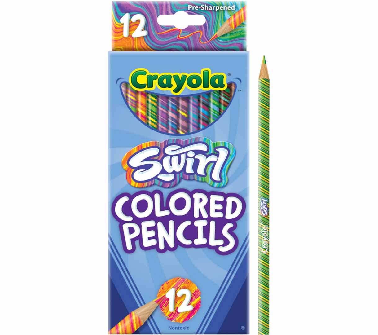 Swirl Colored Pencils  12 count. Front view with one pencil standing on end.