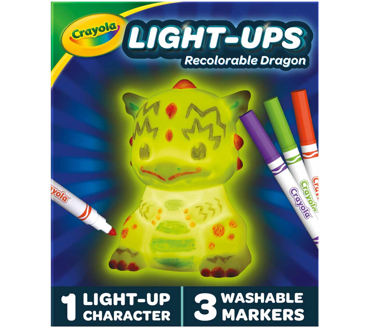 Light-Ups Dragon recolorable dragon. 1 light-up character. 3 washable markers.