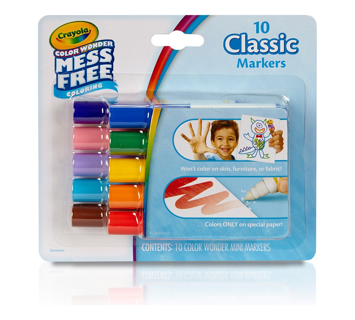 Color Wonder Mess Free Mini Markers, classic colors, 10 count. front view.