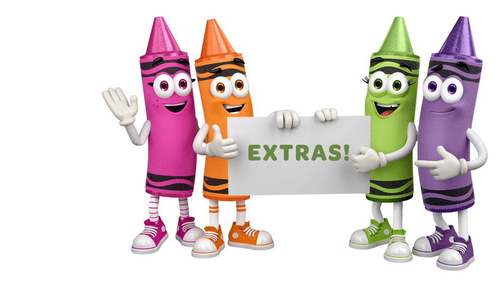Crayons with a sign saying extras.