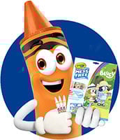 mac-with-CW-products Crayon Character holding Color Wonder markers and Bluey-themed Color Wonder Coloring Pages